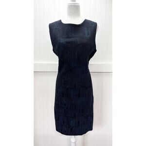 MM LaFleur Shirley Sheath Dress 14 Blue/Black Jacquard Sleeveless Stretch Slit